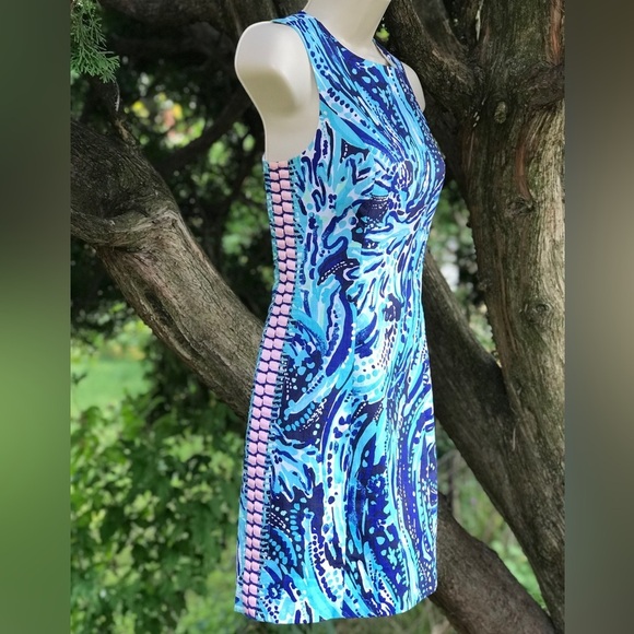LILLY PULITZER Mila Blue Pink White Swirl Design Cotton Sheath Dress Size 00 - Picture 8 of 16